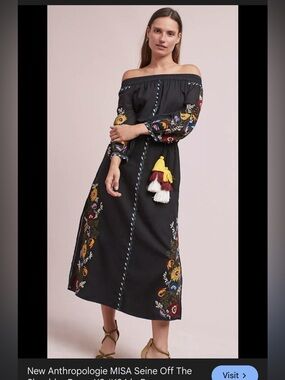 Misa Black Off-Shoulder Embroidered Maxi Dress with Tassels